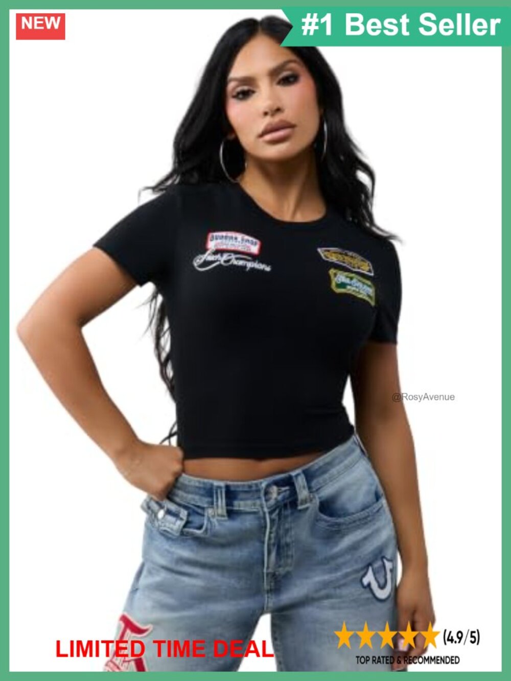 Embroidered Patch Baby Tee Cotton Elastane Crew Neck Crop Top